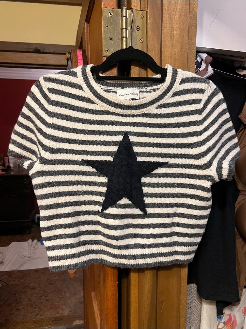 Striped Crewneck Sweater with Star Motif - Black & White